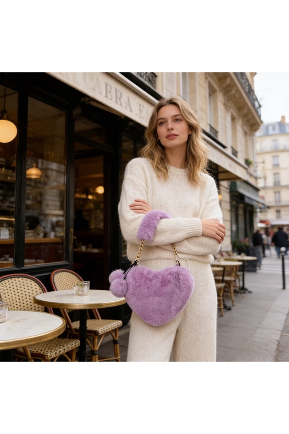 Furry Heart Shaped Crossbody Bag, 9.8in x 7.9in x 4.3in Faux Furry Handbag with Chain Strap, Soft Lightweight Large Capacity Design, Daily Commute Short Trip Matching Bag