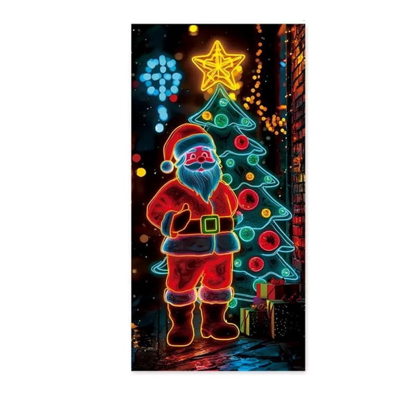 Glow in The Dark Christmas Door Cover, 70.9 x 35.4 In Glowing Santa Tree Design, Waterproof Polyester Fabric, Ideal for Holiday Party and Home Decor