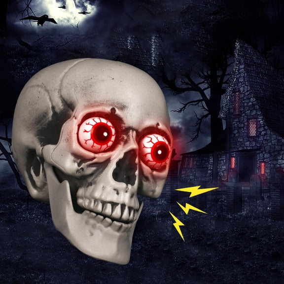 TechToyHub Glowing Eyeball Skull 7.5x7.1x4.9in, with Sound Voice Control, for Halloween Prank Prop, Plastic Movable Joint