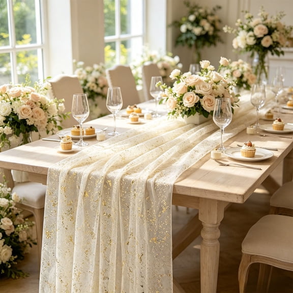 TechToyHub Gold Stamping Mesh Table Runner, Sparkling Sequin Design for Weddings and Parties, Sheer Fabric for Dining Table Decor, 27.6x78.7in