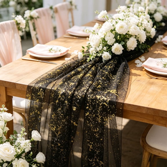 TechToyHub Gold Stamping Mesh Table Runner, Sparkling Sequin Design for Weddings and Parties, Sheer Fabric for Dining Table Decor, 27.6x78.7in