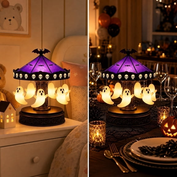 TechToyHub Halloween Ghost Carousel Decor Rotating Carousel Ornament with Ghosts Skulls, Resin Rotating Ghost Carousel for Halloween Party Home Mantel Decor