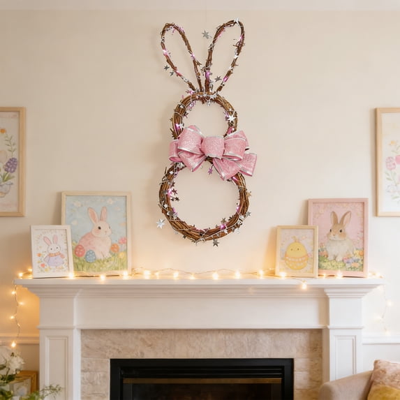 TechToyHub Lighted Easter Bunny Wreath,21.3x10 in Artificial Plastic Wreath with Linen Bow & String Lights,for Front Door Window Wall Fireplace,Durable Realistic Pink Easter Spring Home Decor