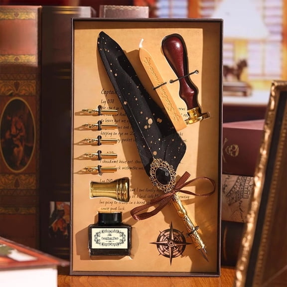 TechToyHub Quill Pen Dip Pen Set, 10.2 in x 6.1 in x 1.6 in Size, Complete Calligraphy Kit with 15ml Ink, 5 Replacement Nibs, Fire Paint Seals and Pen Stand, Gothic Design for Ink Painting