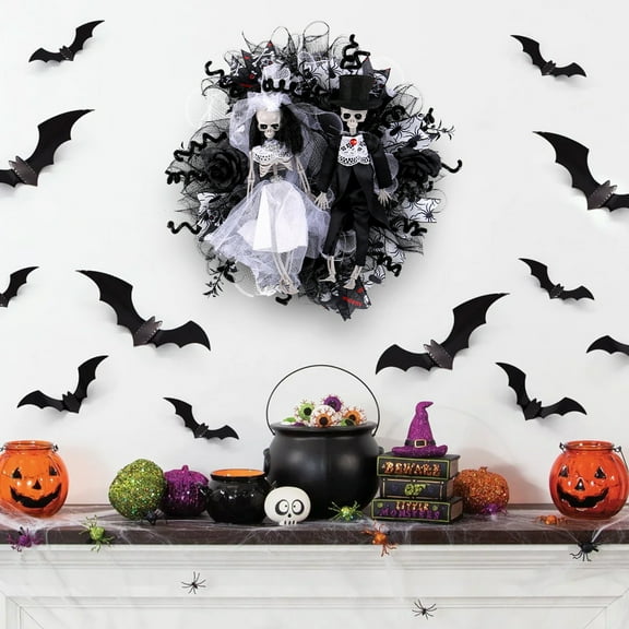 Skeleton Bride Groom Mesh Garland, Simulation Flower Ghost Rattan, for Halloween Door Mantel, Horror Decoration