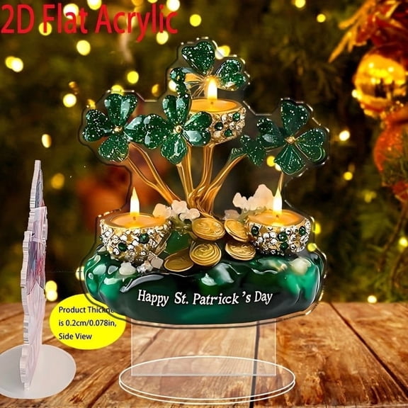 TechToyHub St.Patricks Day Candle Holder,Acrylic Bohemian Style Four Leaf Clover Table Centerpiece for Home Mantel Festival Decor,Decorative Candle Holder