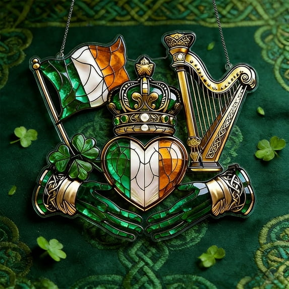 TechToyHub St.Patrick‘s Day Ornaments - 7.87x6.3 Inch Green Acrylic Hanging Decor with Irish Harp & Clover,2D Graphic Window Door Garden Art for Holiday Party and Home Decorations