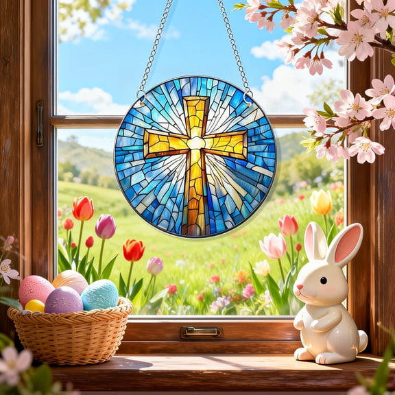 TechToyHub Stained Glass Cross Suncatcher,7.9 Inch Acrylic Cross Window Decor,Holiday Hanging Ornament for Door Wall Garden,Easter Home Decorations,Modern Housewarming Gift