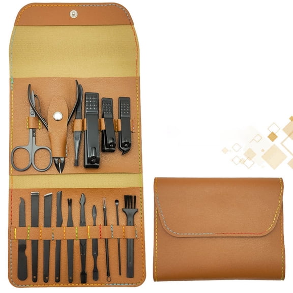 TechToyHub Stainless Steel Nail Clipper Set 16 Pcs Manicure Tool Kit with Folding Leather Case Portable for Travel