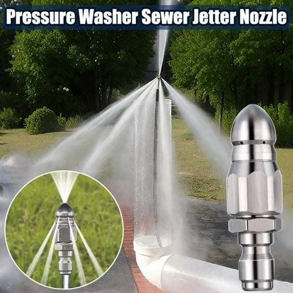 TechToyHub Stainless Steel Sewer Jetter Nozzle 5000 PSI High Pressure Washer Drain Cleaner 1/4" Quick Connect 1 Front + 6 Rear Jets for Pipe Flushing Grease Sand Clog Removal