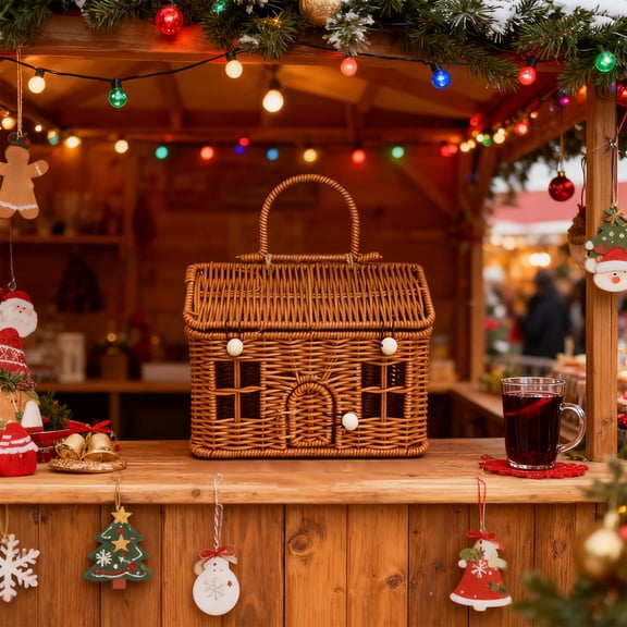 TechToyHub Vintage Willow House Basket,Hand-Woven Rustic Storage with Door,for Christmas Gift and Treat Display,Home Kitchen and Table Decor