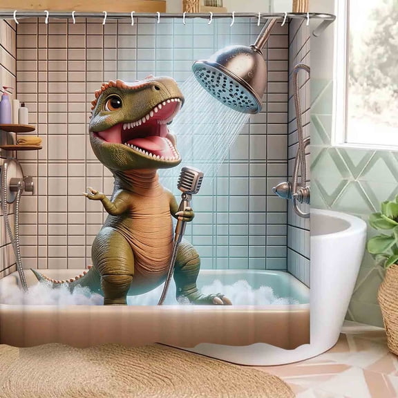 TechToyHub Waterproof Polyester Dinosaur Shower Curtain, Mildew Proof for Bathroom, Fun Singing Dinosaur Print, Includes 12 Hooks, High Definition Printing, Machine Washable, 1 Curtain
