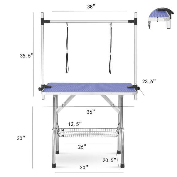 JHFBKK 36" Folding Dog Grooming Table with Adjustable Arm & Safety Noose, Heavy Duty Stainless Steel, Non-Slip Waterproof Top, Storage Basket, 300 lb Capacity