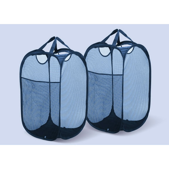 TechWonder Mesh Pop Up Laundry Basket With Side Pocket - Dark Blue
