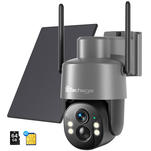 Techage 4G LTE Cellular Solar Security Camera Wireless Outdoor, 2.5K NO WiFi Security Camera with Color Night Vision, 360 PTZ Live View, PIR Motion Detection, 2 Way Talk, 64GB Card Built-in SIM Card
