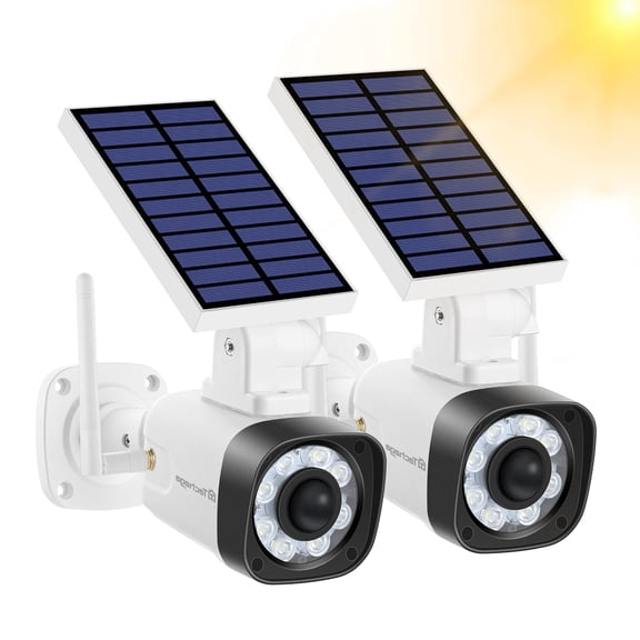 Techage Solar Battery Powered Metal Fake Security Camera, Dummy Wireless Cameras, Motion-Activated Floodlights, Realistic Look, Easy to Install, IP66 Waterproof, Pack of 2,White
