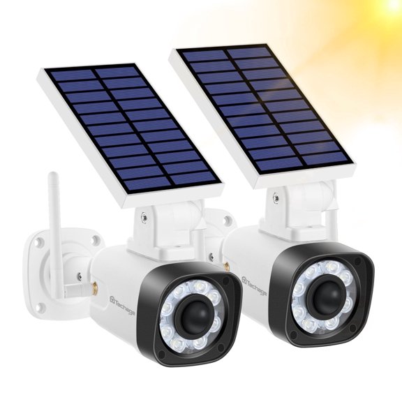 Techage White Solar Motion-Activated LED Security Light with Realistic Dummy Camera Housing, PIR Sensor 800LM Floodlight, IP66 Waterproof, Warning Sticker, 2 pack