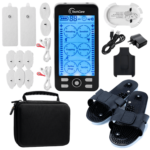 Techcare Plus 24 Tens Unit Combo Set With Protective Travel Case + Reflexology Slippers,Foot Nerve Pain Reliever