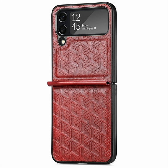 Techcircle Folding Case for Samsung Galaxy Z Flip 4 (6.7" 2022 Release), Leather Texture Surface Embossed Diamond Grid Shockproof Anti-drop Anti-scratch Luxury Business Case, Red