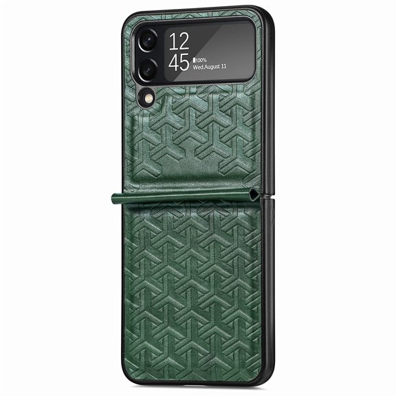 Techcircle Folding Case for Samsung Galaxy Z Flip 4 (6.7" 2022 Release), Leather Texture Surface Embossed Diamond Grid Shockproof Anti-drop Anti-scratch Luxury Business Case, Green