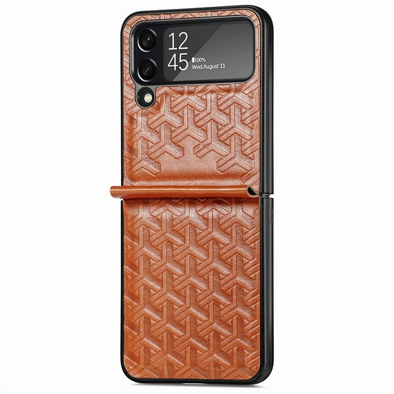 Techcircle Folding Case for Samsung Galaxy Z Flip 4 (6.7" 2022 Release), Leather Texture Surface Embossed Diamond Grid Shockproof Anti-drop Anti-scratch Luxury Business , Brown