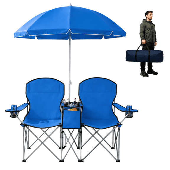 Techfaith Blue Double Camping Chair with Umbrella - Foldable Portable Picnic Bench Chairs Set with Cooler Bag, Carrying Case for Beach, Outdoor, Backpacking