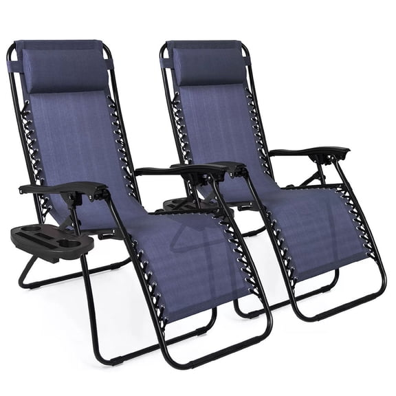 Techfaith Zero Gravity Lounge Outdoor Adjustable Reclining Patio Chair Chairs Steel Mesh Folding Recliner for Pool Beach Camping Lounge Chair with Pillows and Cup Tray(2 Chairs/ Navy)