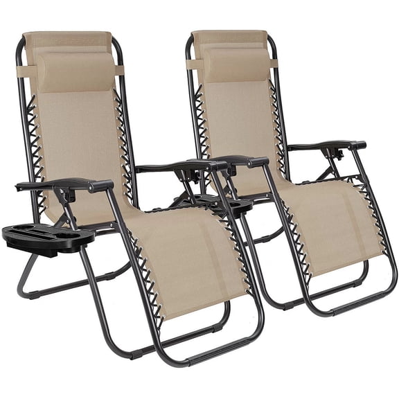 Techfaith Zero Gravity Lounge Outdoor Adjustable Reclining Patio Chair Chairs Steel Mesh Folding Recliner for Pool Beach Camping Lounge Chair with Pillows and Cup Tray(2 Chairs/ Beige)