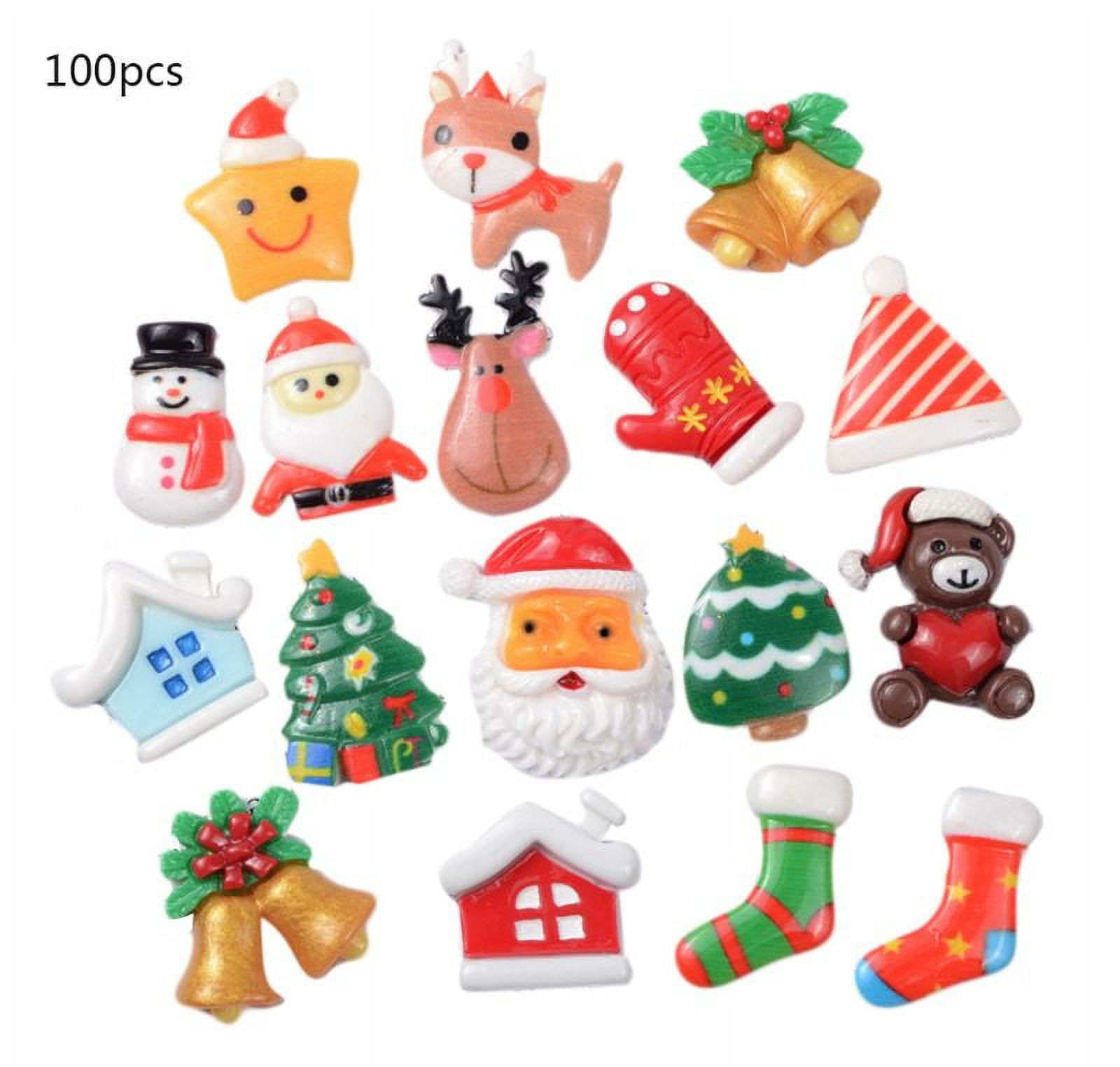 Techinal 100Pcs Christmas Flatback Buttons Cartoon Santa Claus Xmas Tree Resin Embellishments Slime Charms for DIY Crafts Scrapboo