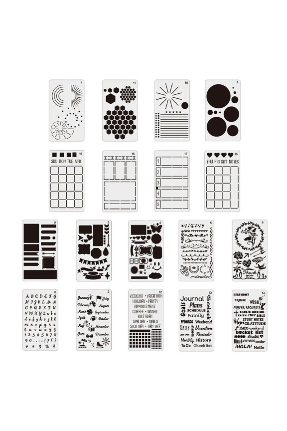 18Pack Productivity Stencil Set for Dotted Journals - Time Saving Planner Accessories/Supplies Kit Makes Creating Layouts Easy - Incl. Bullet Point Checklists, Daily/Weekly/Monthly Calendars