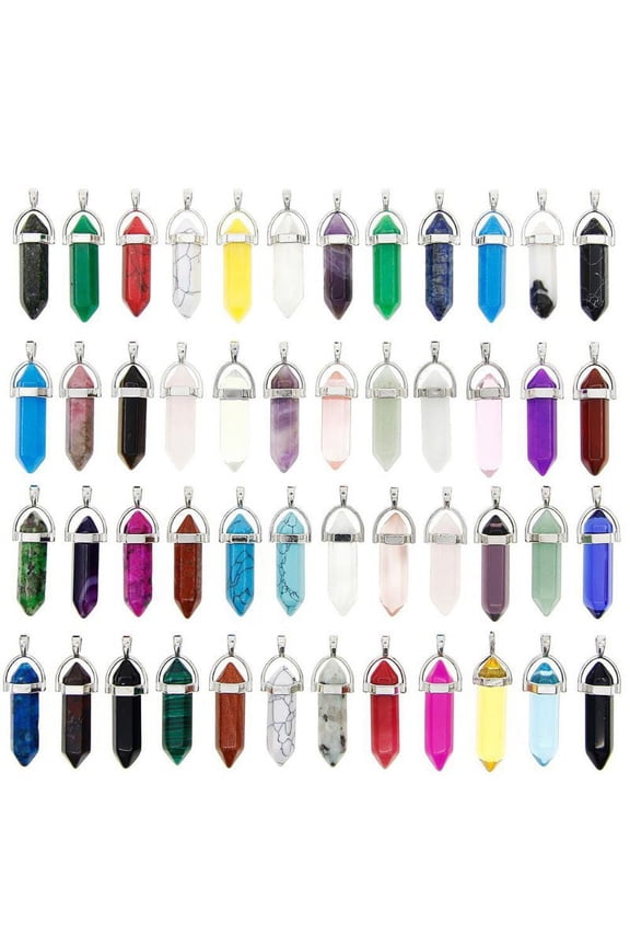 50pcs Bullet Shape Hexagonal Healing Pointed Chakra Beads Quartz Crystal Gemstone Pendant Necklace Assorted