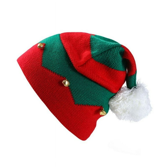 Techinal Toddler Kids Christmas Knitted Elf Hat with Small Bells Contrast Color Wavy Stripes Crochet Pompom Santa Cap Party Supplies