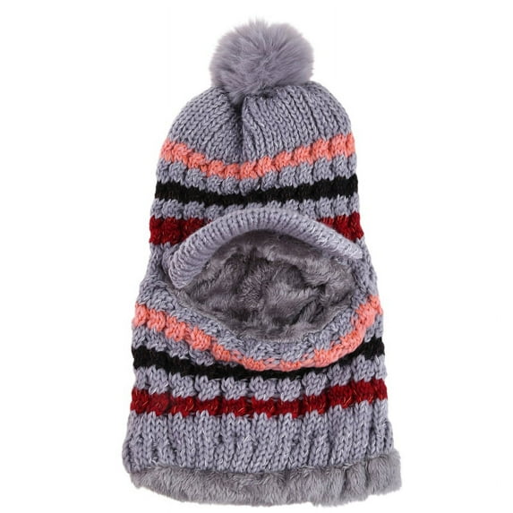 Techinal Women Winter Crochet Knit Balaclava Beanie Hat with Visor Brim Colorful Striped Cute Pompom Cycling Ski Face Mask Plush Lined Hood Cap Neck Warmer Gaiter Scarf