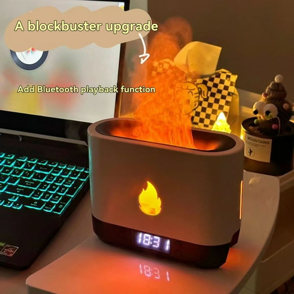 Techken Flame Ultrasonic Mist Humidifier with Bluetooth Speaker Alarm Clock - 7 Color Lights