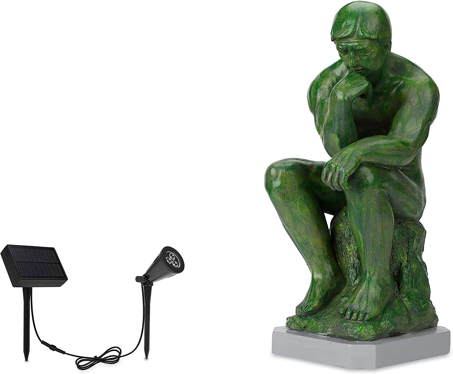 Green Resin Thinker Statue with Solar Spotlight