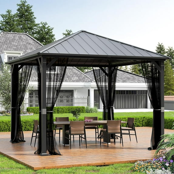 Techmilly 10W x 10 Hardtop Gazebo, Outdoor Aluminum Gazebo with Galvanized Steel Double Roof, Permanent Metal Canopy Khaki