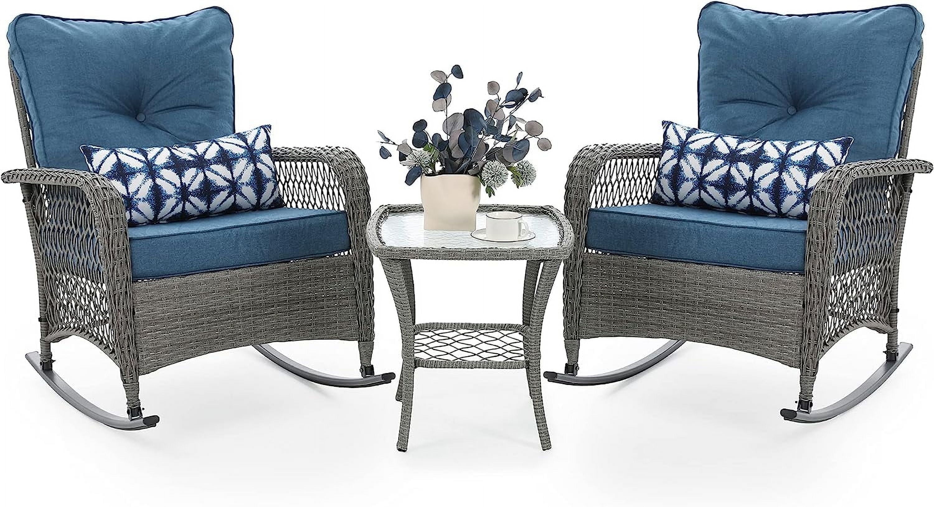 Techmilly 3-Piece Outdoor Rocking Chairs, Wicker Patio Furniture with Thickened Cushions and Table for Porch (Blue)