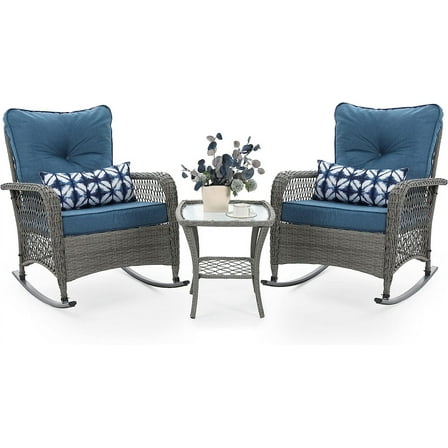 Techmilly 3-Piece Outdoor Rocking Chairs, Wicker Patio Furniture with Thickened Cushions and Table for Porch (Blue)