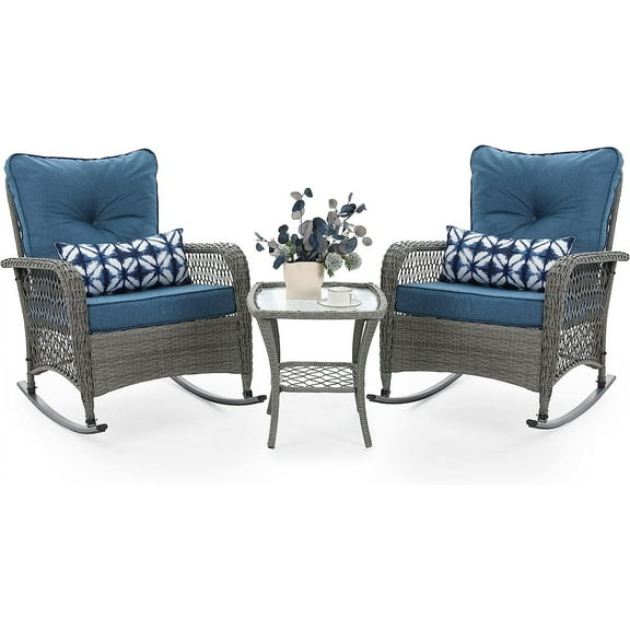 Techmilly 3-Piece Outdoor Rocking Chairs, Wicker Patio Furniture with Thickened Cushions and Table for Porch (Blue)