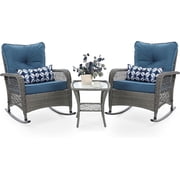 Techmilly 3-Piece Outdoor Rocking Chairs, Wicker Patio Furniture with Thickened Cushions and Table for Porch Blue