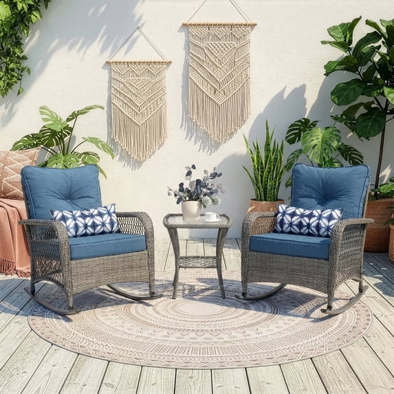 Techmilly 3-Piece Outdoor Rocking Chairs, Wicker Patio Furniture with Thickened Cushions and Table for Porch (Blue)