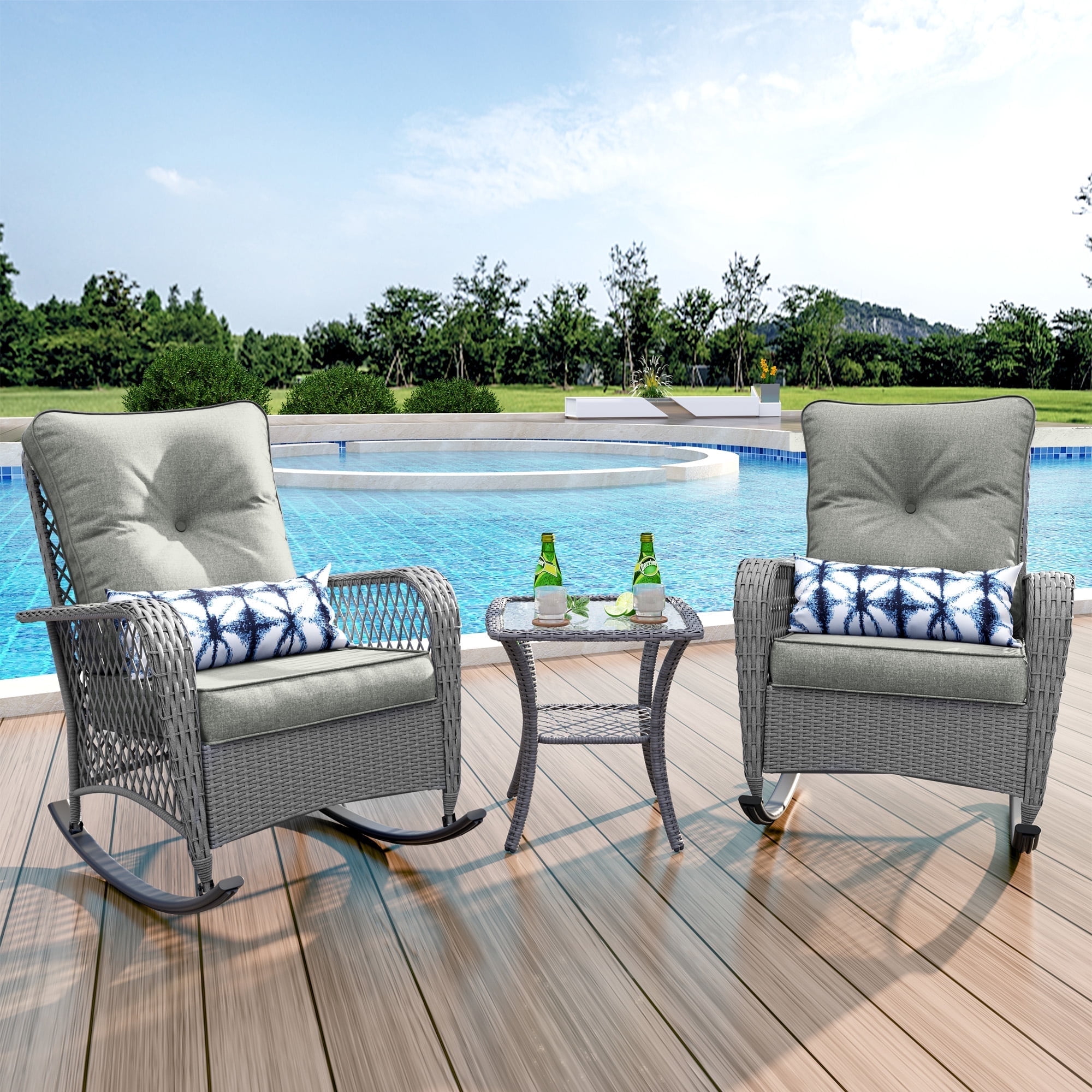 Techmilly 3-Piece Outdoor Rocking Chairs, Wicker Patio Furniture with Thickened Cushions and Table for Porch (Grey and White)