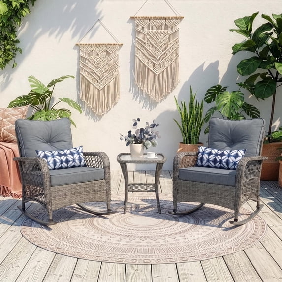 Techmilly 3-Piece Outdoor Rocking Chairs, Wicker Patio Furniture with Thickened Cushions and Table for Porch (Grey)