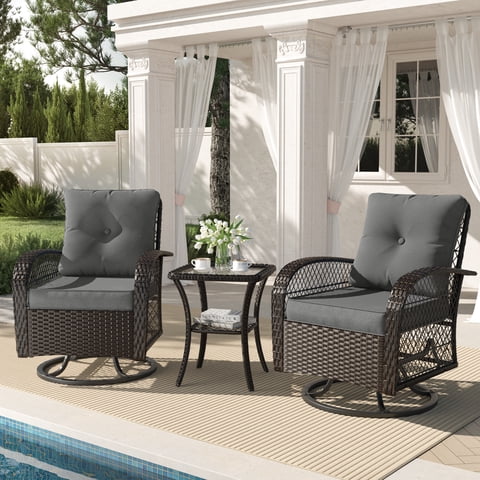Techmilly 3 Pieces Patio Furniture Set, Outdoor Swivel Gliders Rocker, Glass Top Side Table (Grey)