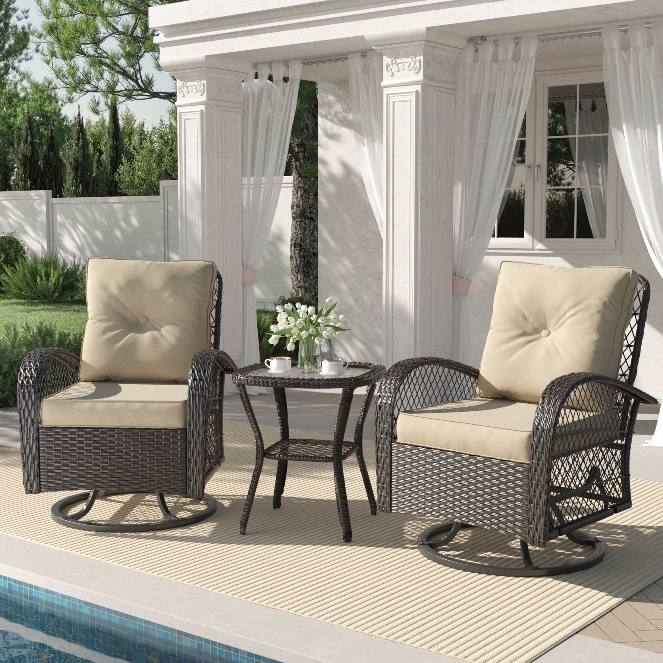 GEEKFIELD MIL KHAKI × SC SLIDE TOP TABLE TECHMILLY 3 Pieces Patio Furniture Set, Outdoor Swivel Wicker