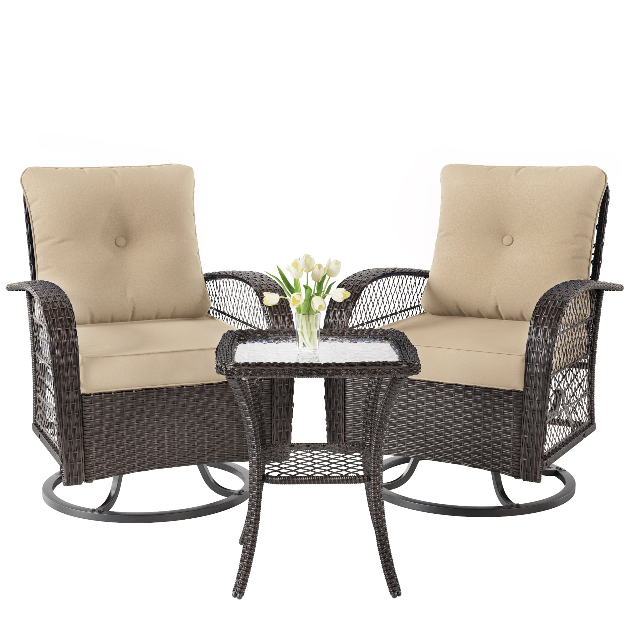 Khaki Wicker Swivel Glider Rocker Patio Set with Glass Table