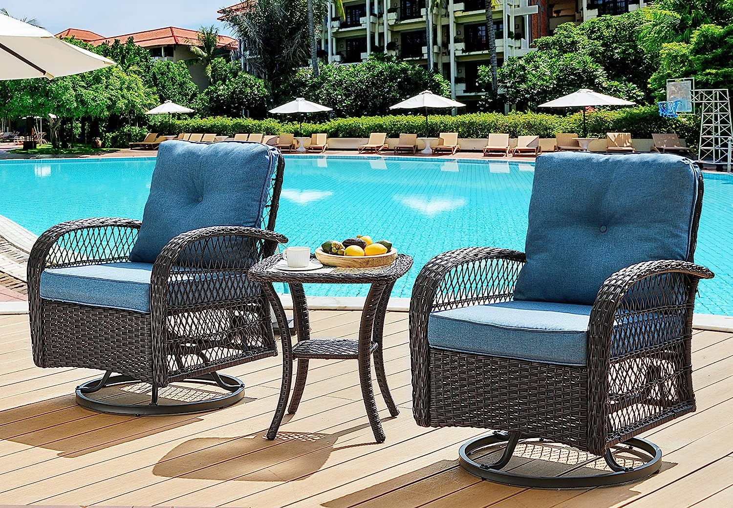 Techmilly 3 Pieces Patio Furniture Set, Outdoor Swivel Gliders Rocker, Glass Top Side Table