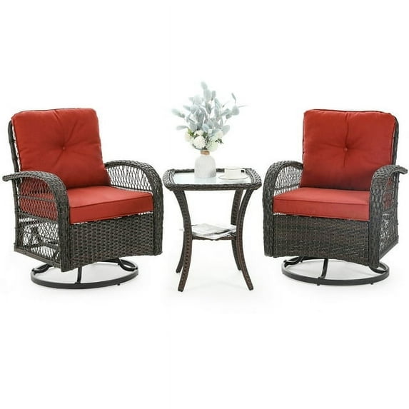 Techmilly 3 Pieces Patio Furniture Set, Outdoor Swivel Gliders Rocker, Glass Top Side Table (Red)