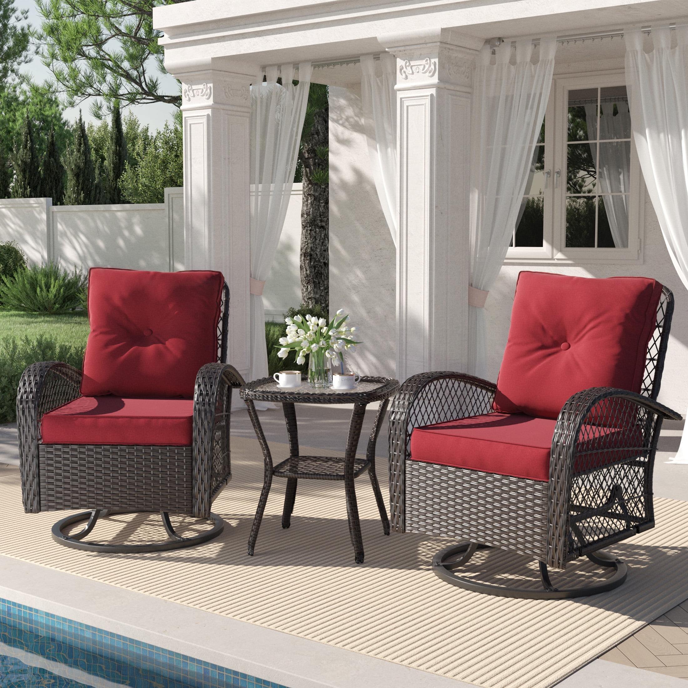 Techmilly 3 Pieces Patio Furniture Set, Outdoor Swivel Gliders Rocker, Glass Top Side Table  (Red)