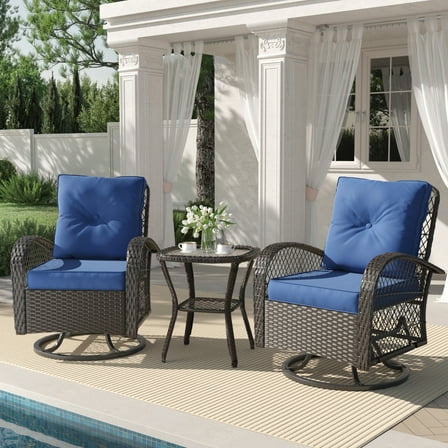 Techmilly 3 Pieces Patio Furniture Set, Outdoor Swivel Gliders Rocker, Wicker Patio Bistro Set with Rattan Rocking Chair for Porch Deck Backya (Navy Blue)